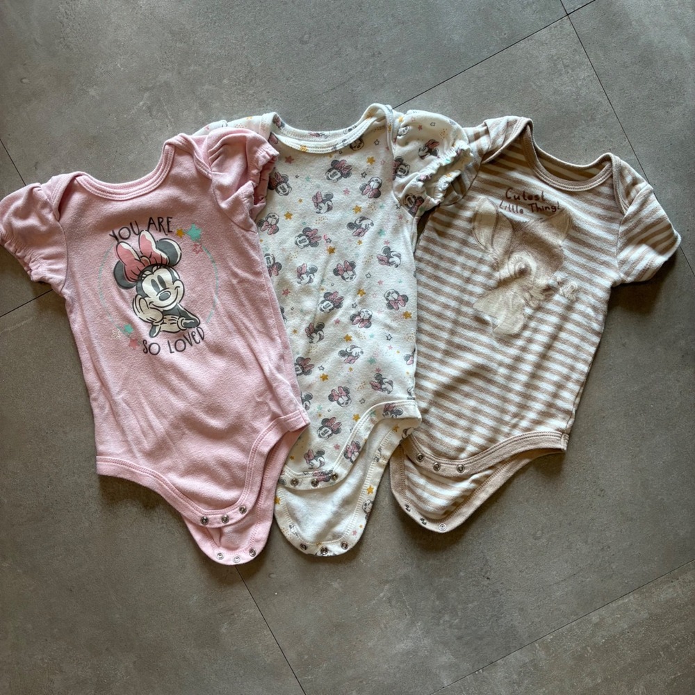 Disney Baby Girls Minnie Mouse Bambi Bodysuit Lot 3pk Pink White Tan 12M 143